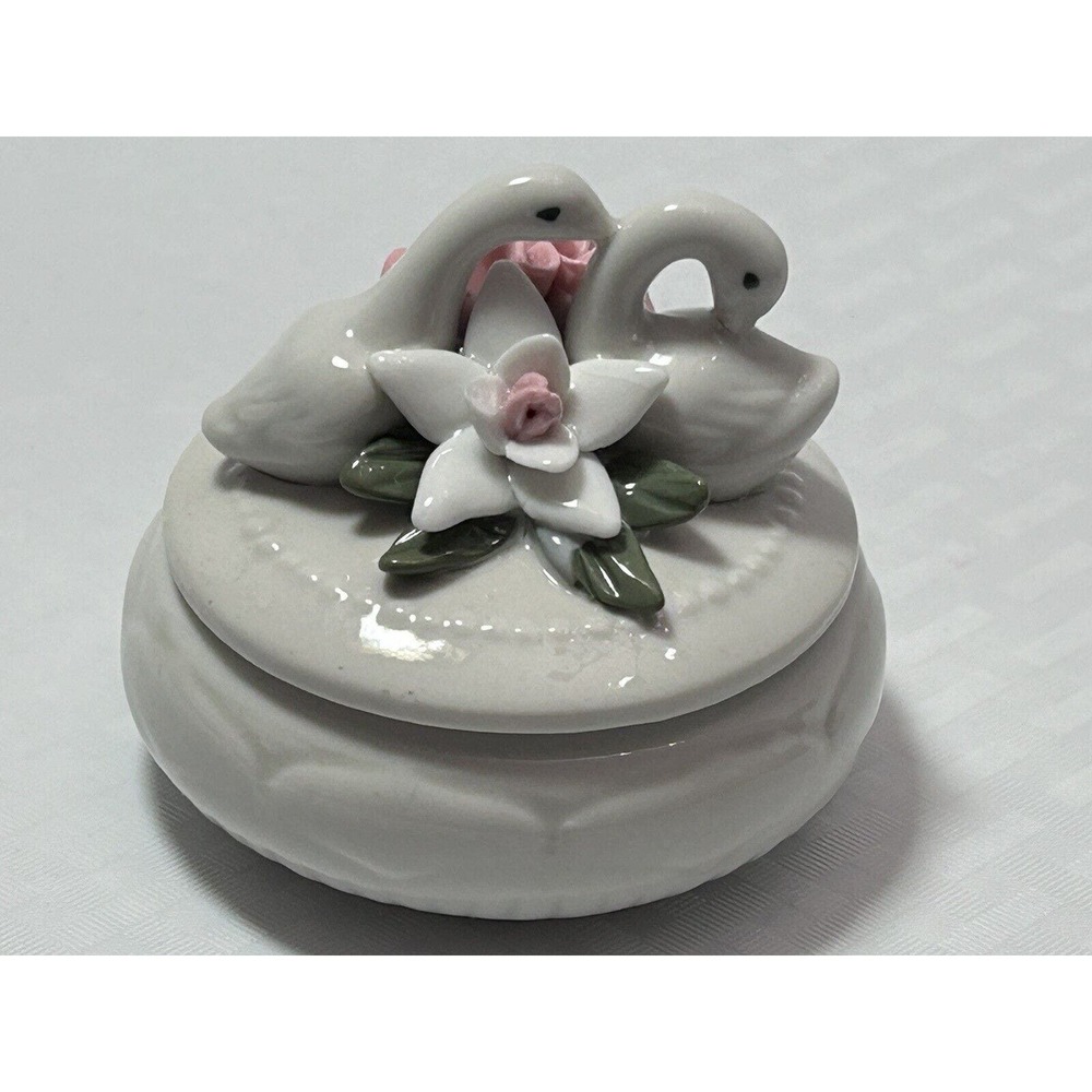 Vintage Porcelain‎ Trinket Box Double Swans Lotus Flower Rose on Lid